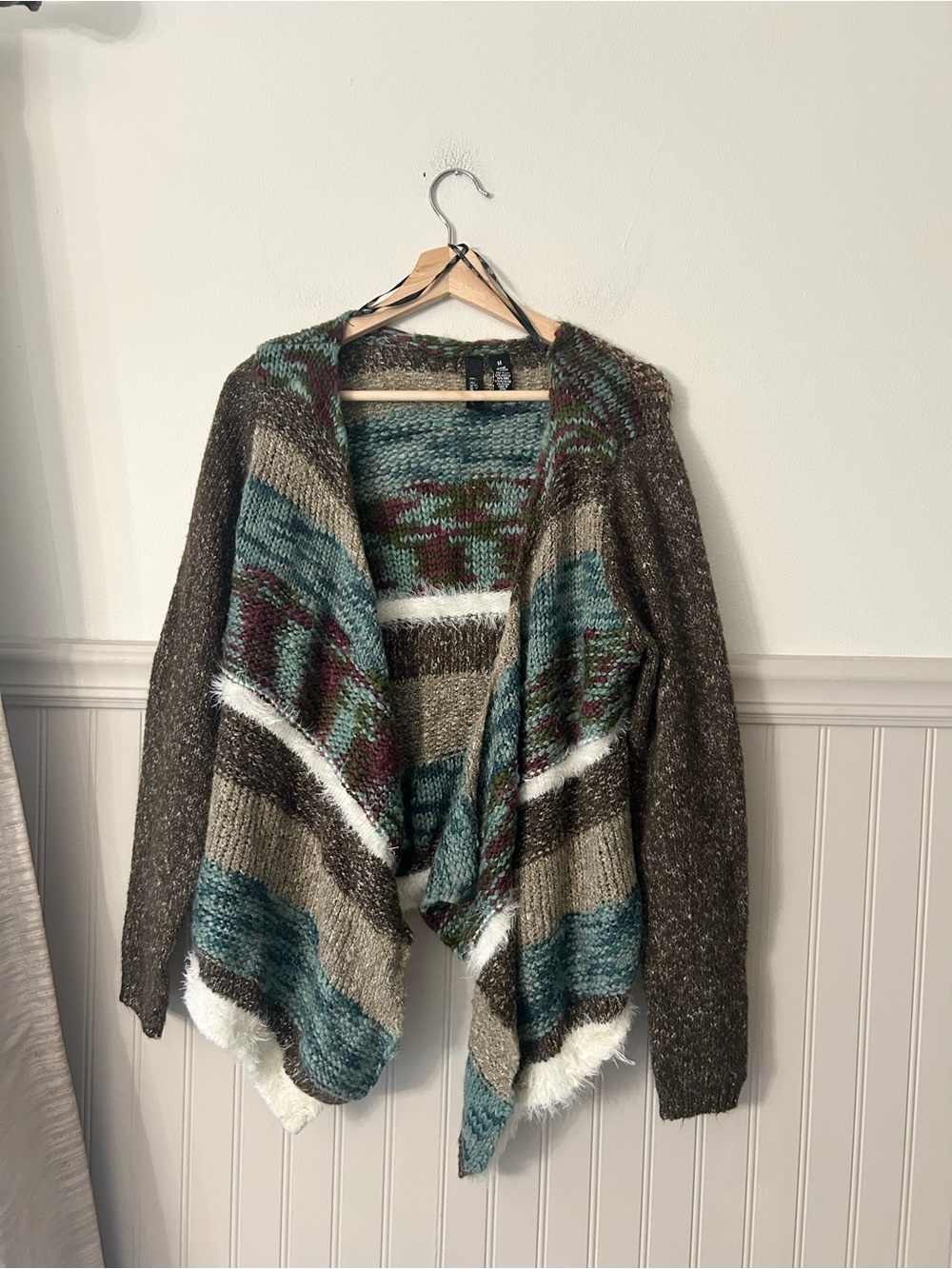BKE Boutique Medium Brown Teal Waterfall Cardigan Fuzzy White Trim